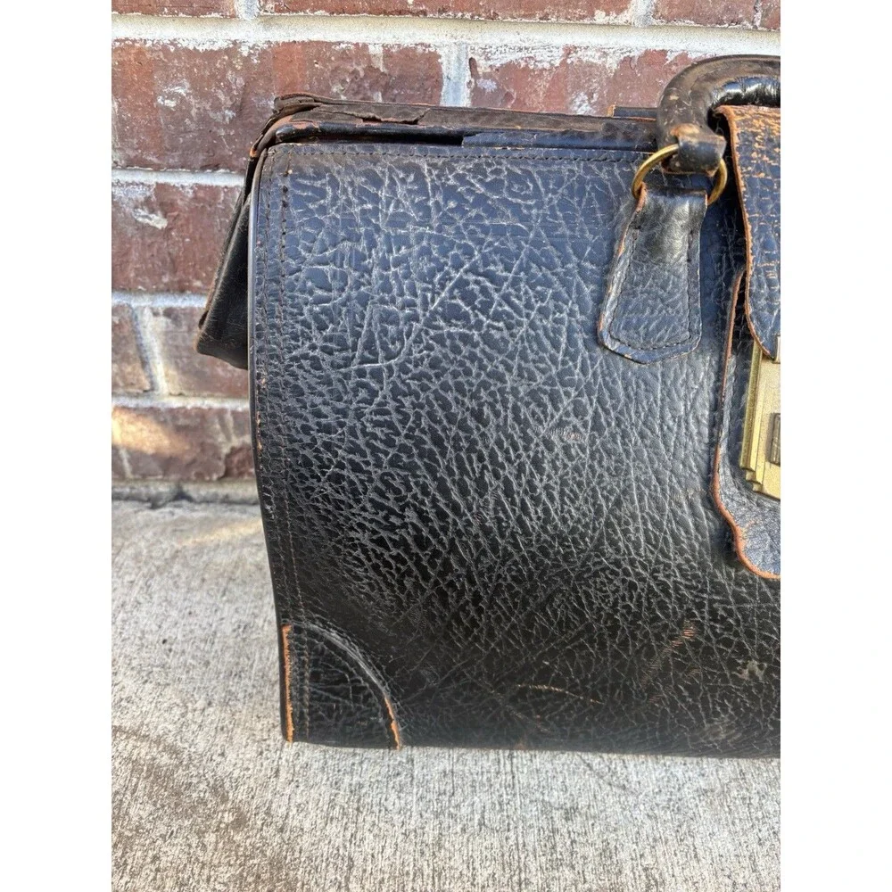 Antique Doctor Bag Physicians Black Pebble Grain Leather Art Deco Brass MCM Vtg